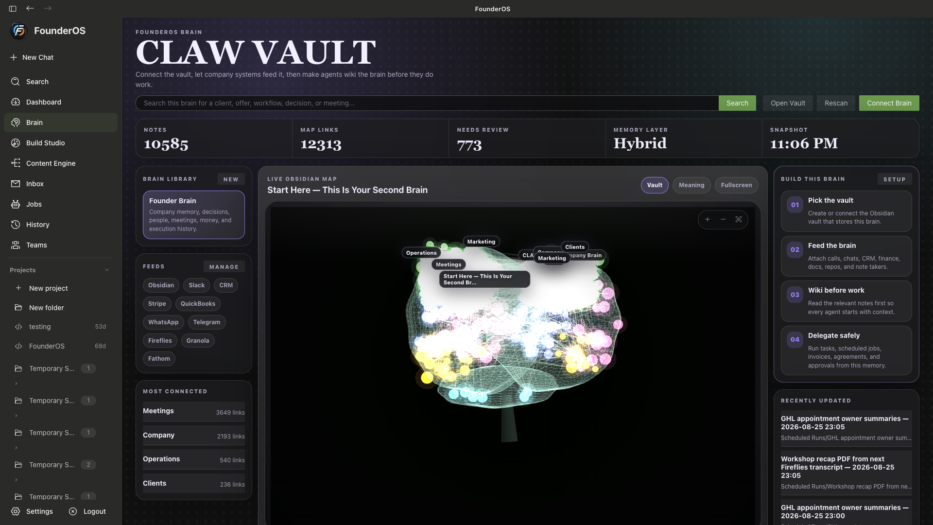 Live FounderOS Brain. CLAW VAULT with a live knowledge map, 10585 notes, and connected feeds.