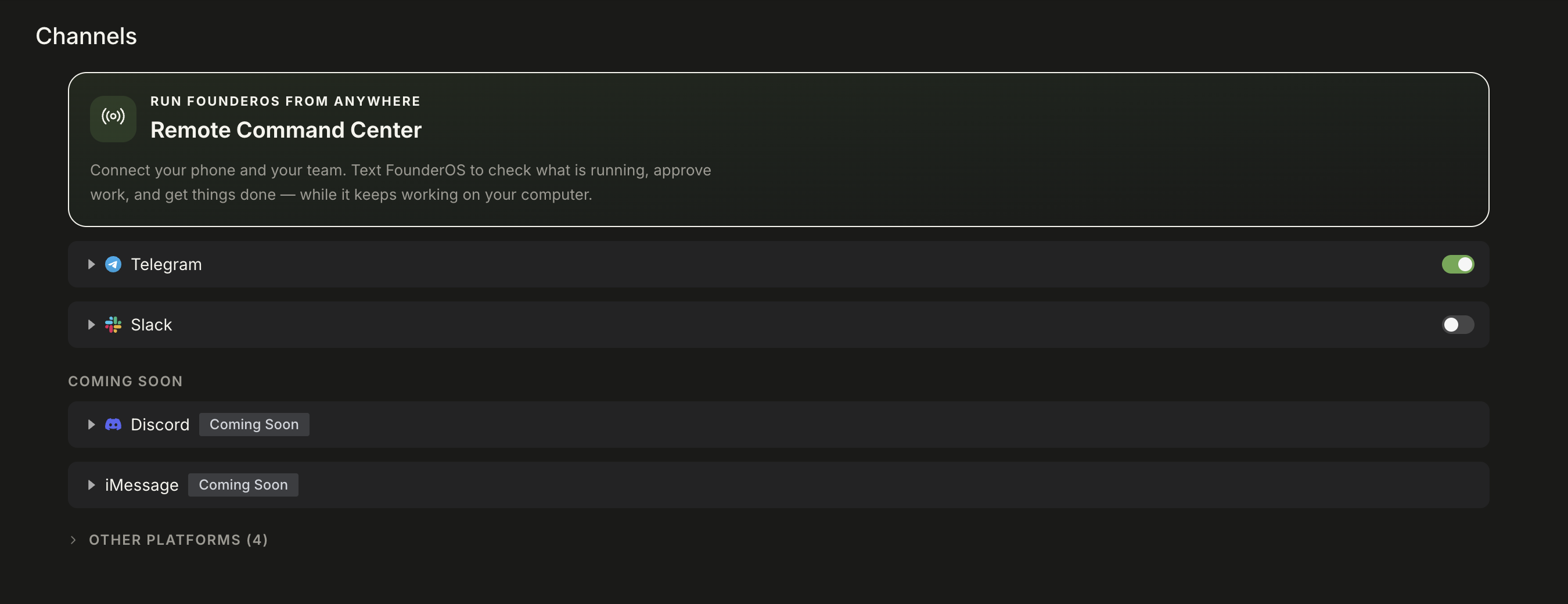 FounderOS channels. Remote command center, Telegram on, Slack ready.