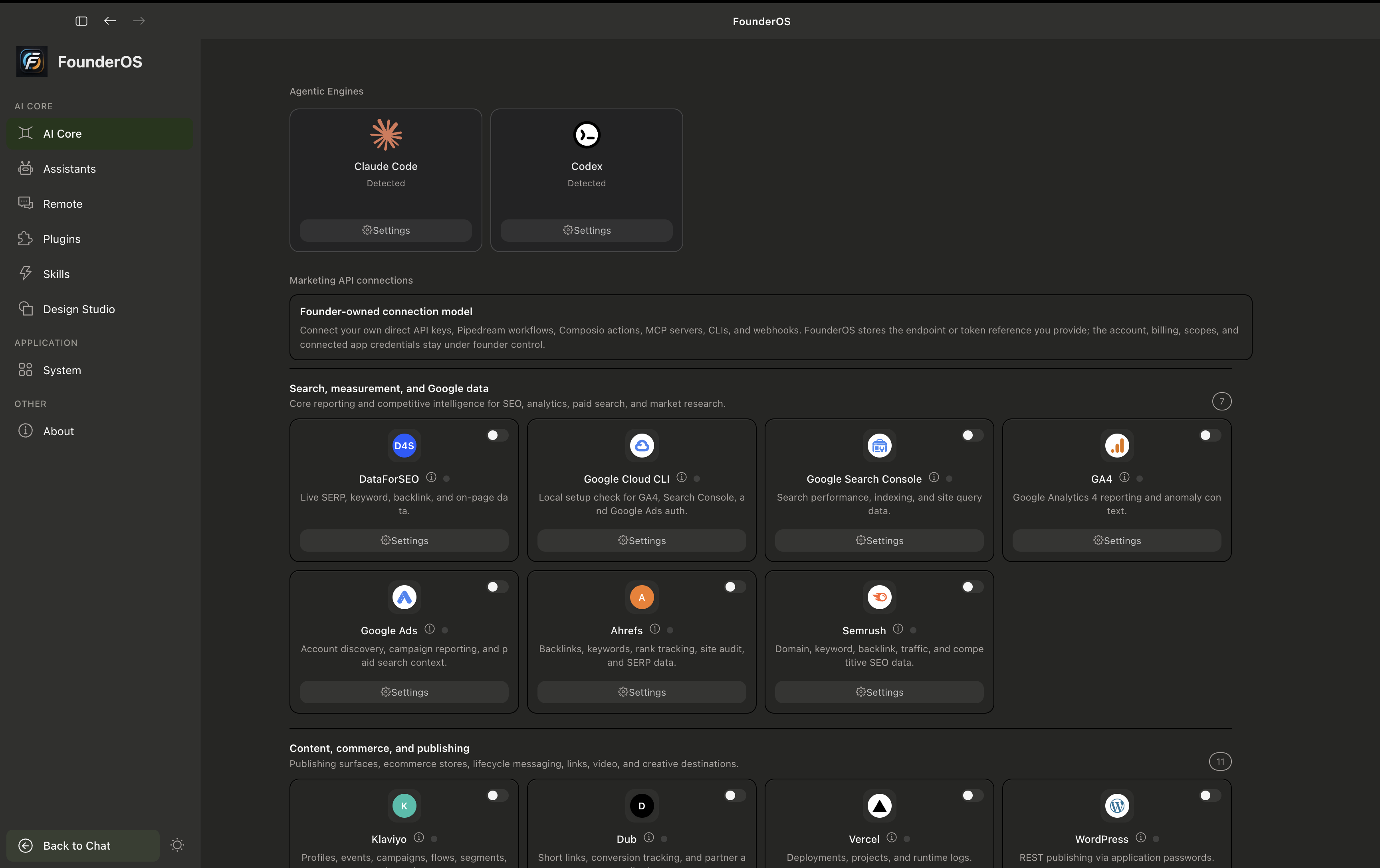 FounderOS connections. Agentic engines and marketing API cards the founder controls.